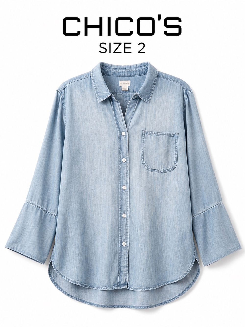 Chico's Light Blue 100 % Lyocell Button Front Top with Pocket Detail SZ 2 - Picture 1 of 9
